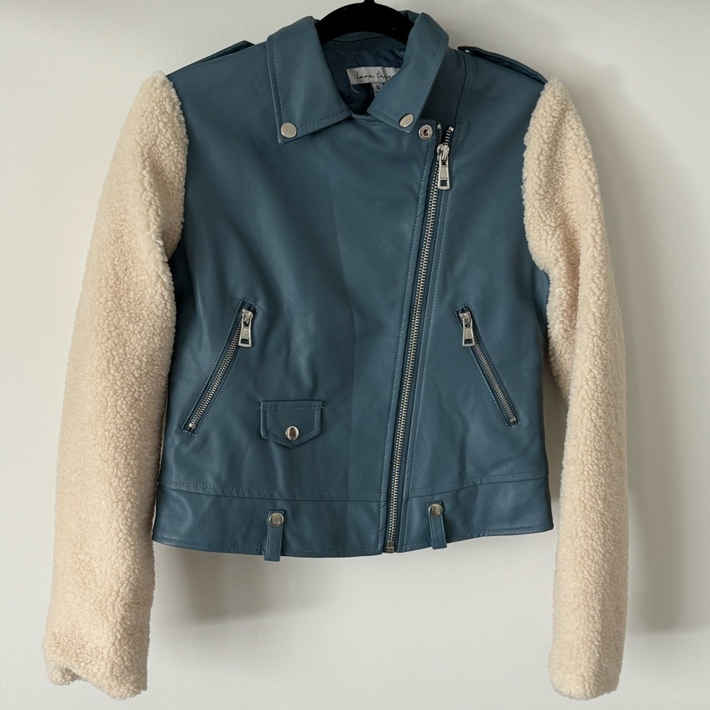 Blue leather and cream faux fur biker jacket
